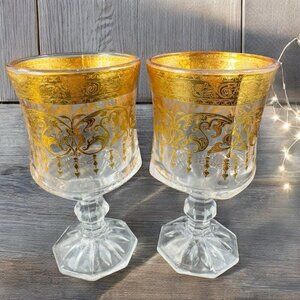 Bohemian Czech Clear Glass Goblet Cups Glasses Heavy Gold Butterfly Pattern 2set
